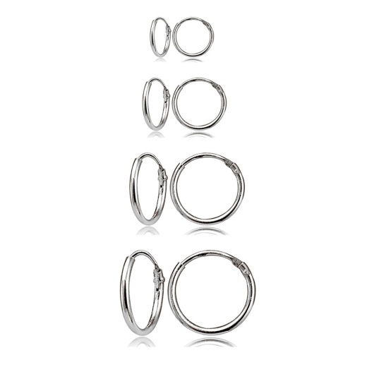 4 Pair Set Sterling Silver 10Mm, 12Mm, 14Mm & 16Mm Tiny Small Lightweight Thin Round Continuous Endless Unisex Hoop Earrings