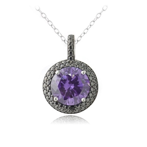 Sterling Silver 3Ct Amethyst & Black Diamond Accent Round Necklace