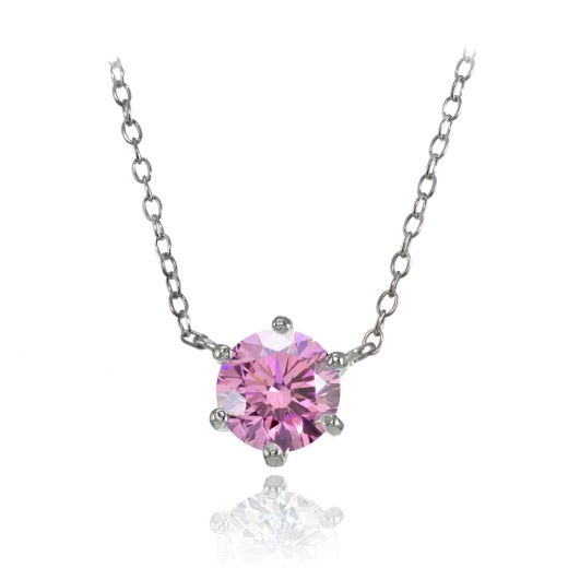 Sterling Silver 7Mm Round Light Pink Cubic Zirconia 6-Prong Solitaire Necklace