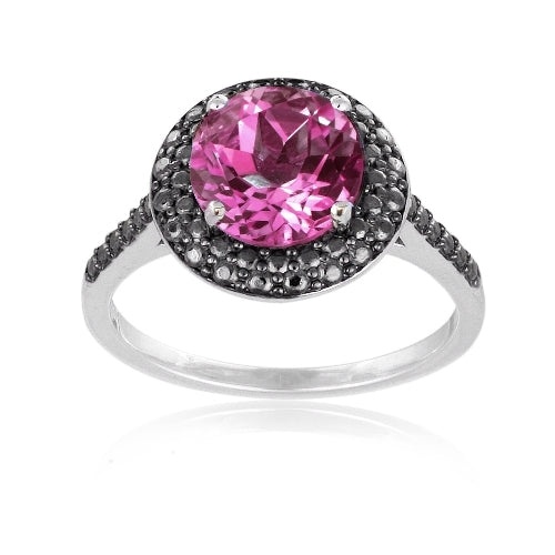Sterling Silver 2.2Ct Created Pink Sapphire & Black Diamond Accent Round Ring