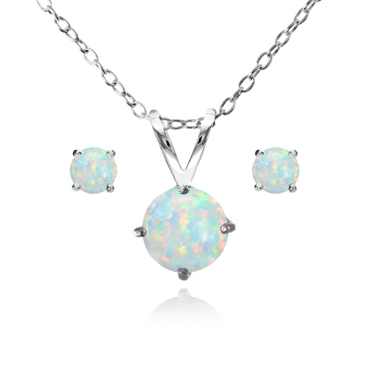 Sterling Silver Created White Opal Round Solitaire Necklace And Stud Earrings Set