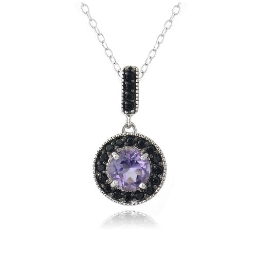 Sterling Silver 2.5Ct Amethyst & Black Spinel Round Dangle Necklace