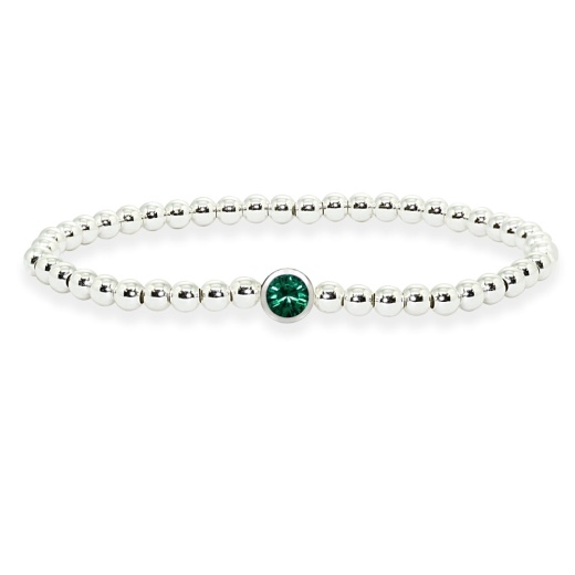 Sterling Silver Polished Beads Stretch Bracelet with Green Swarovski Crystal