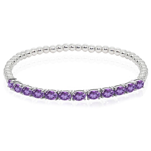 Sterling Silver African Amethyst Oval Beaded Stretch Tennis Style Bracelet