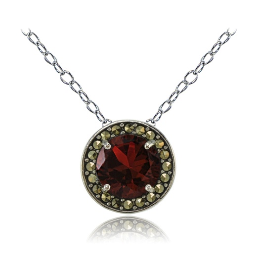 Sterling Silver Garnet and Marcasite Halo Necklace
