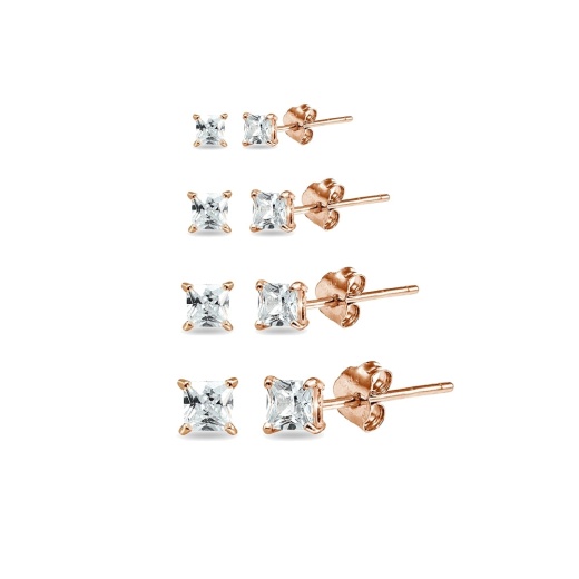 4 Pair Set Rose Gold Flashed Sterling Silver Cubic Zirconia Princess-Cut Square Stud Earrings