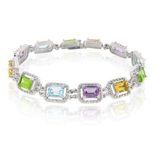 Sterling Silver 12.45Ct Tgw Multi Gemstones Emerald Cut Link Bracelet