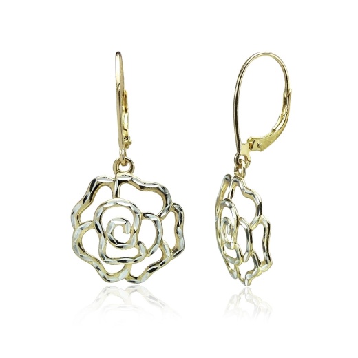 Yellow Gold Flashed Sterling Silver Two-Tone Diamond-Cut Rose Flower Dangle Leverback Earrings