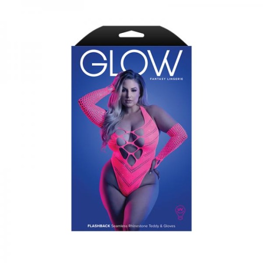 Fantasy Lingerie Glow Flashback Uv Reactive Rhinestone Fishnet Teddy & Gloves/Warmers Queen Size
