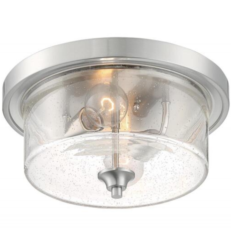 13 In. Flush Mount Ceiling Light Fixture - Clear Seeded Glass - Nickel ...