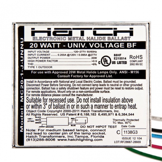Hatch MC20-1-J-Unnu - 20 Watt Electronic Metal Halide Ballast