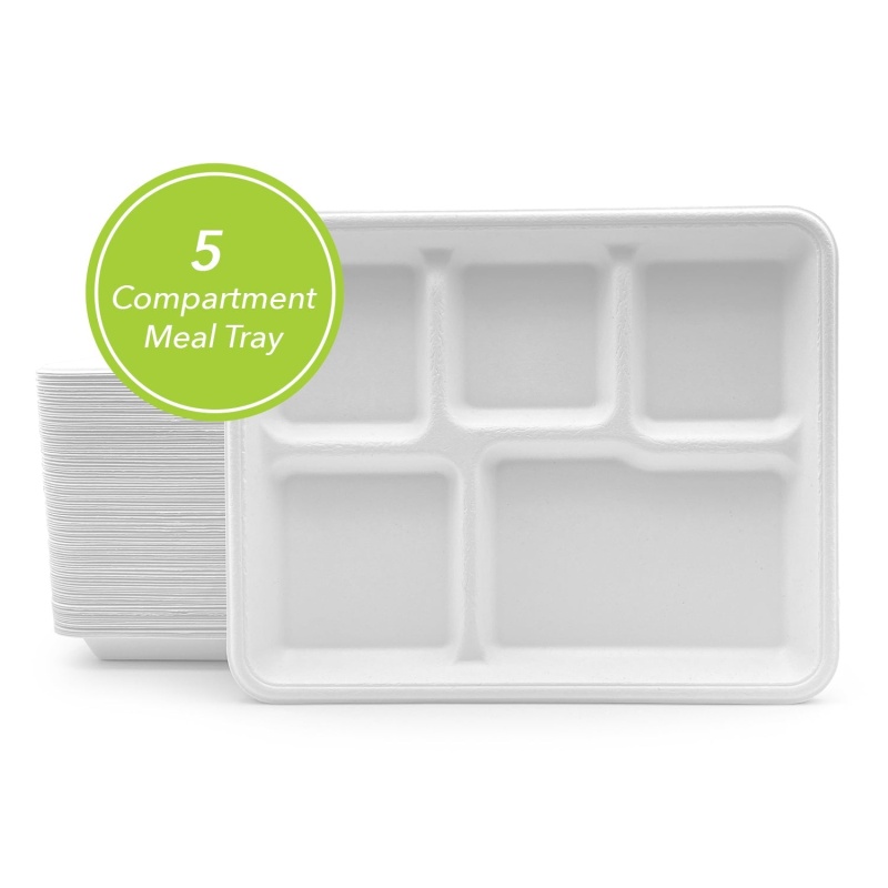Three Leaf 5 Compartment Bagasse (School) Tray 500 Ct. (10 Packs Of 50), 500 / Units Per Case