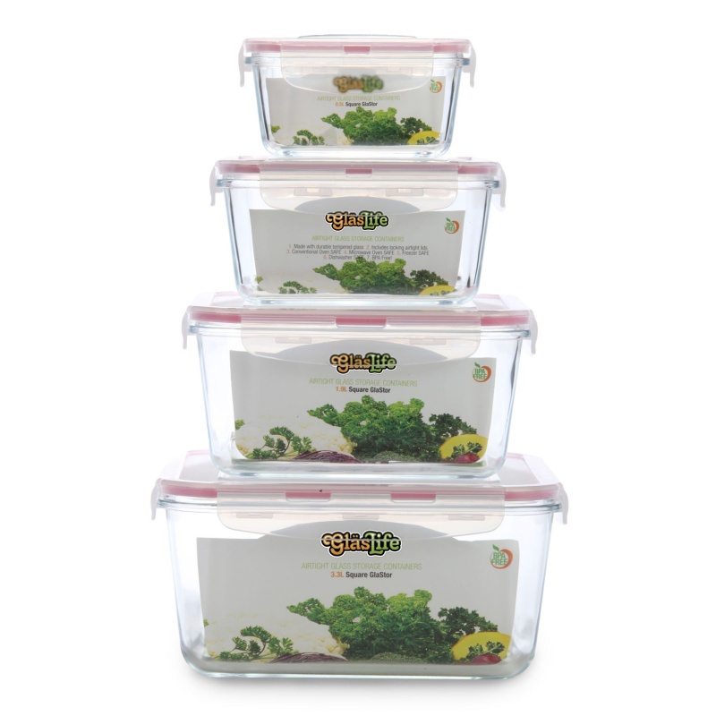 Glaslife® Refurbished Airtight Square Glass Containers (Set Of 4)