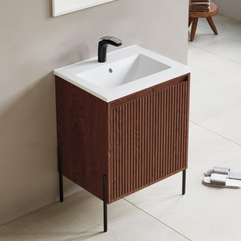 Walnut Fluted Bathroom Vanity with Ceramic Top