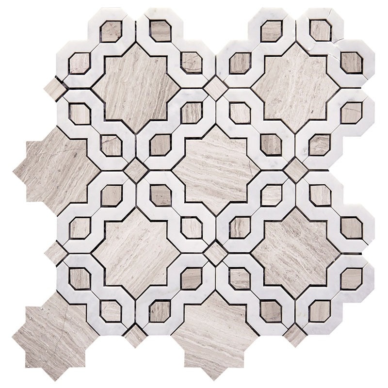 Skalini Line Waterjet Wooden Grey / Bianco Carrara Marble Mosaic - Fiore 5 - Polished