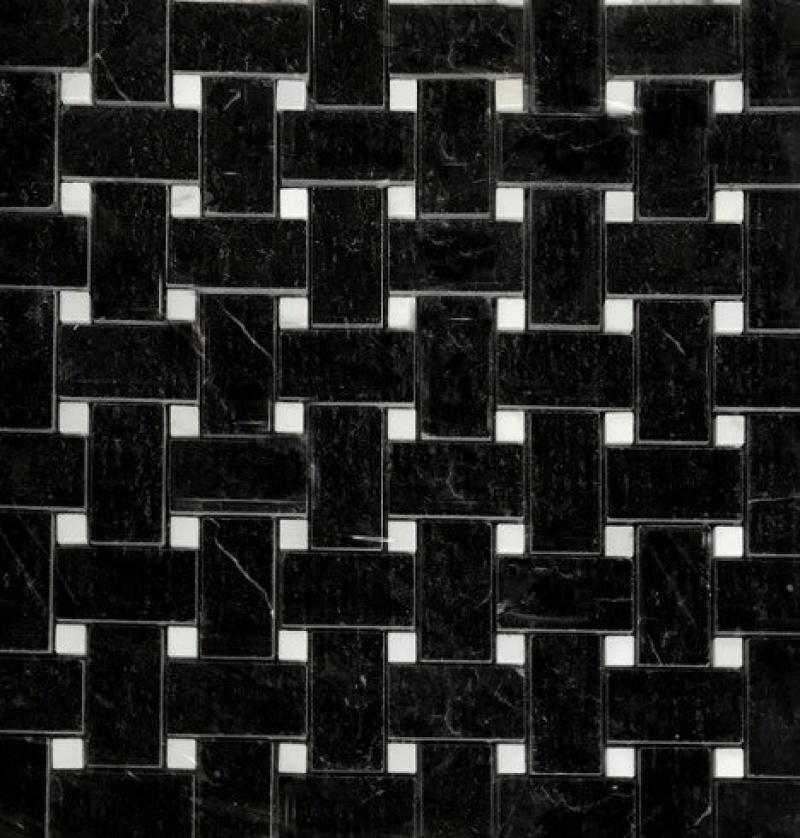 Nero Marquina Marble Mosaic - Basket Weave With White Dots