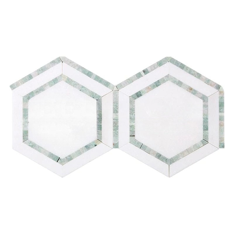 Thassos White Marble Mosaic - 5" Hexagon With Ming Green