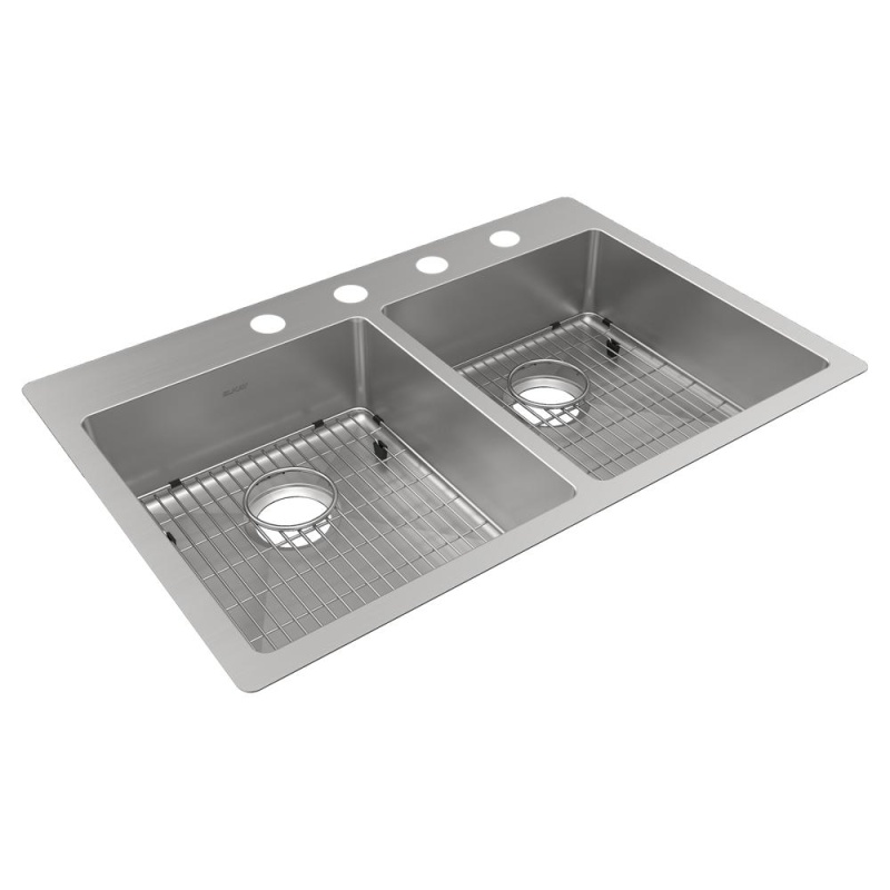 Ectsrad33226tbg4 Crosstown Stainless Steel Drop In Undermount Double Bowl Kitchen Sink - 33" X 22" X 6" 4 Holes Withtwo Bottom Grid - Stainless Steel