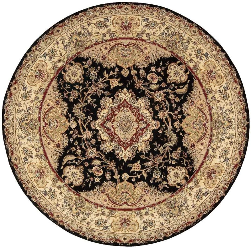 Black Wool Blend Traditional Round Area Rug, 8 Ft