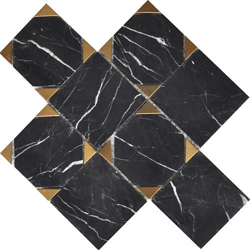 Rock Art Nero Marquina Stone & Glass Mosaic - 9" X 9" - Polished
