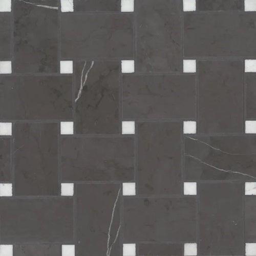Jumbo Pietra Grey & Thassos Dot Marble Mosaic - Basket Weave - Honed