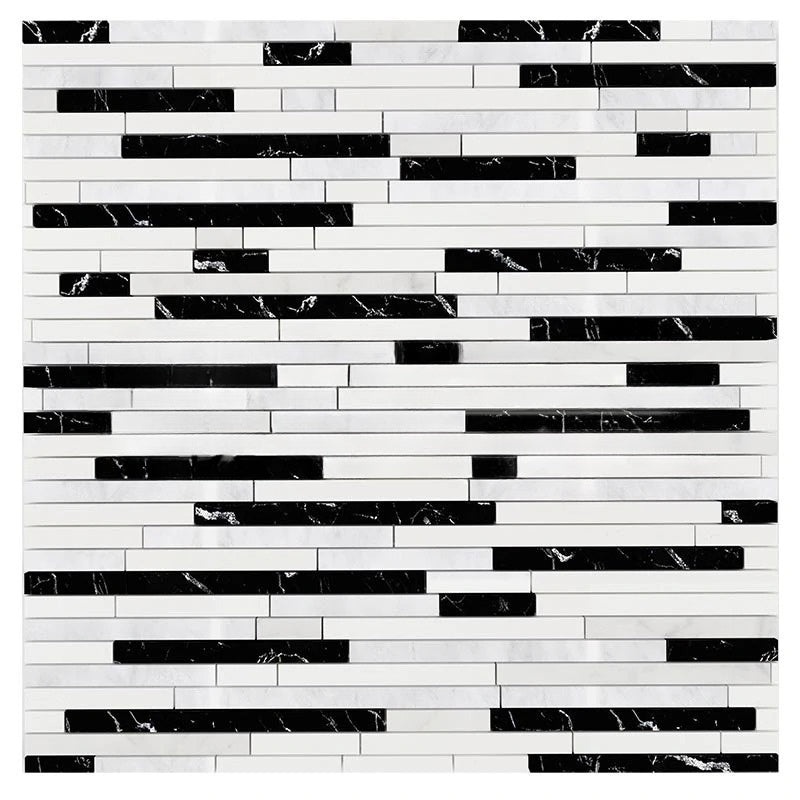 Oriental White Marble Mosaic - Bamboo Sticks With Thassos & Black