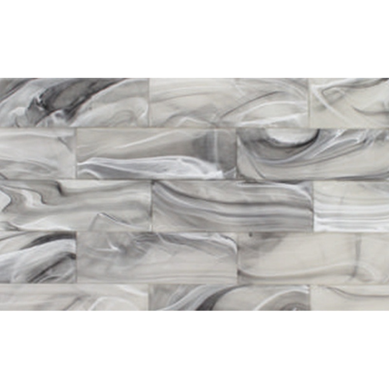 Aquatica Clouds Thunder White On Black Deco Glass Tile - Matte & Textured - 3" X 9"