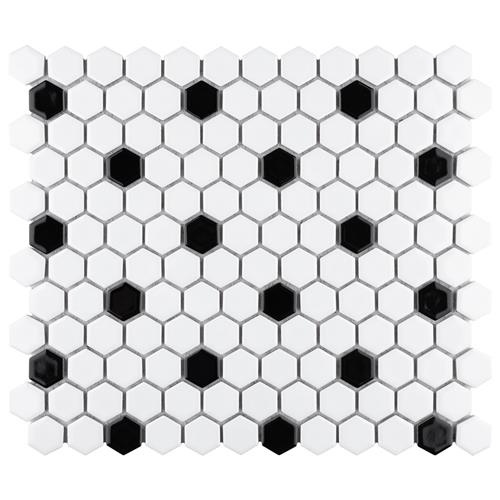 Metro White With Black Dot Porcelain Mosaic - Hexagon - Glossy