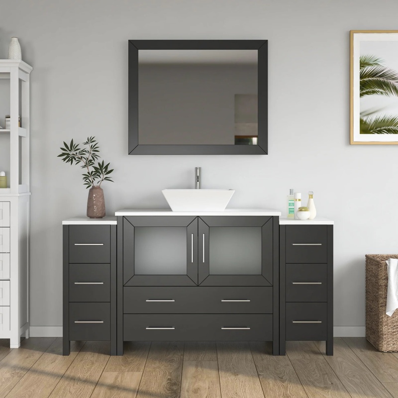 Cvc Espresso Solid Wood With White Engineered Marble Top And Mirror Cvc36 Bathroom Cabinet - 60" X 18.5" X 36" - Espresso