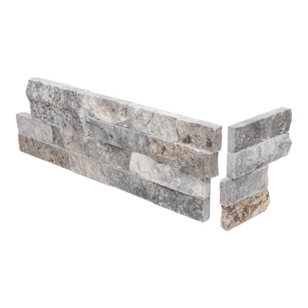 Titanium Cross Cut Travertine Ledgestone Corner - Natural Cleft Face, Gauged Back - 6" X 6" & 6" X 18"