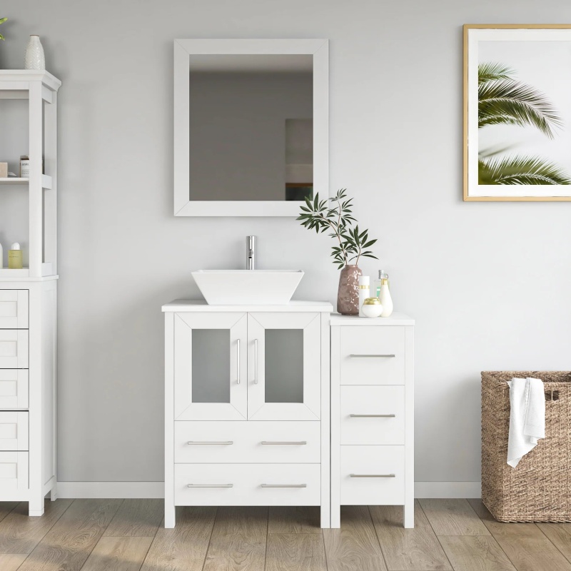 White Bathroom Vanity Cabinet with Marble Top and Mirror