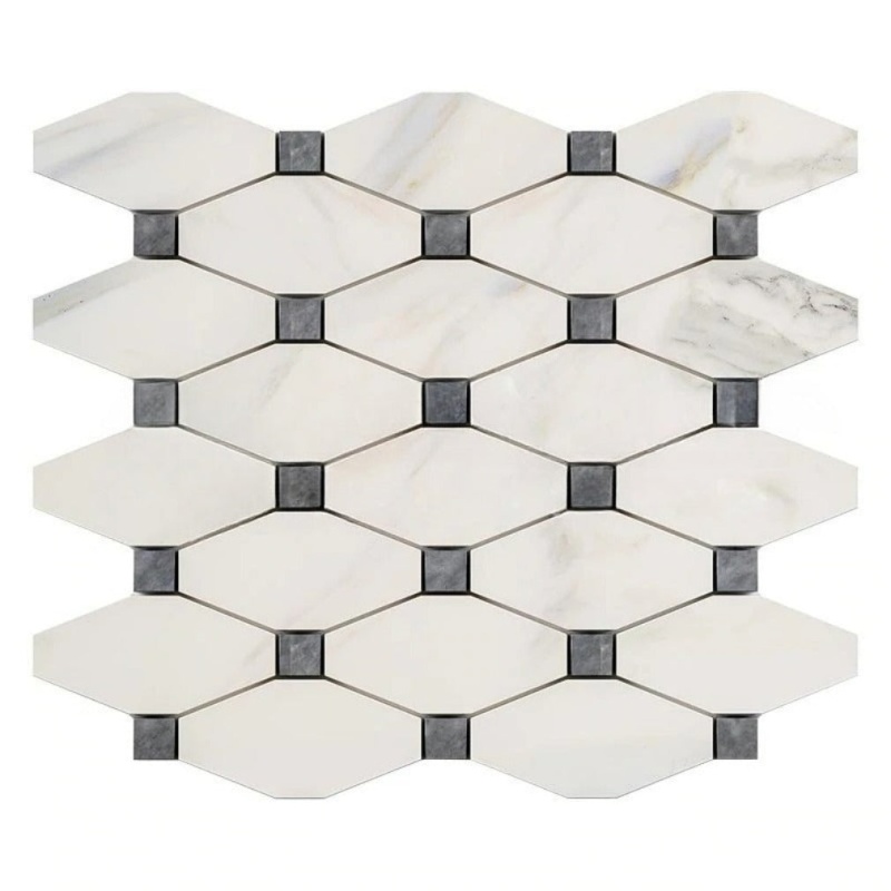 Calacatta Gold Marble Mosaic - Elongated Octagon With Blue/Gray Dots
