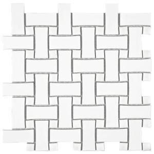 Metro Dog Bone White Porcelain Mosaic - Basket Weave - Mixed