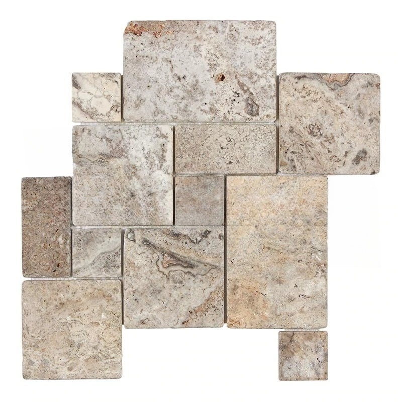 Titanium Cross Cut Travertine Mosaic - Opus Mini Pattern - Tumbled