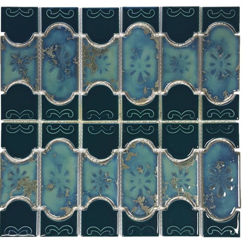 Aquatica Botanical Teal Green Porcelain Mosaic 6" x 6" Glossy