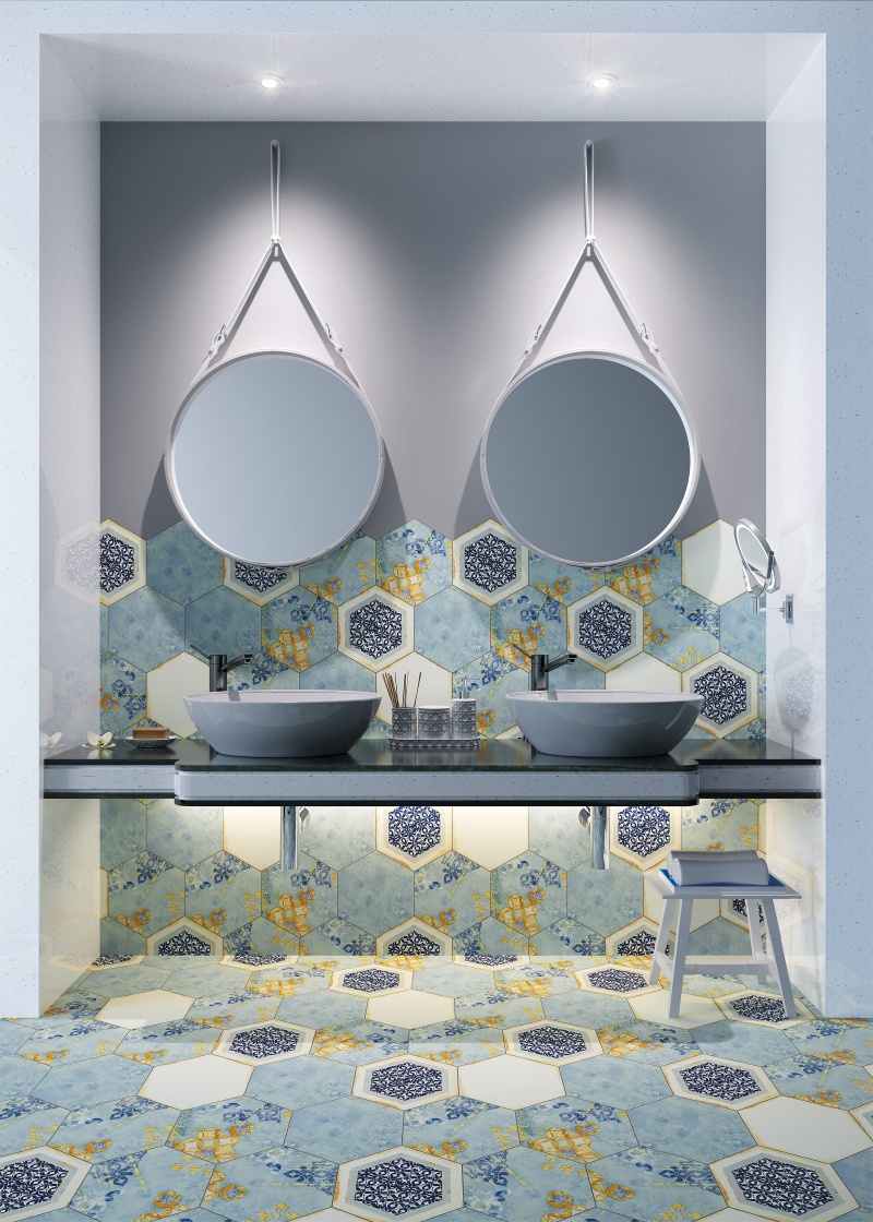 Nikea Flower Deco Porcelain Tile - Textured - 8" X 9" Hexagon