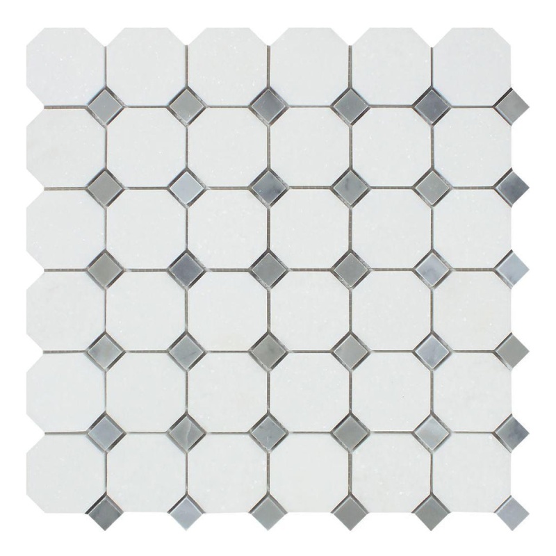 Thassos White Marble Mosaic - Octagon With Gray Dots