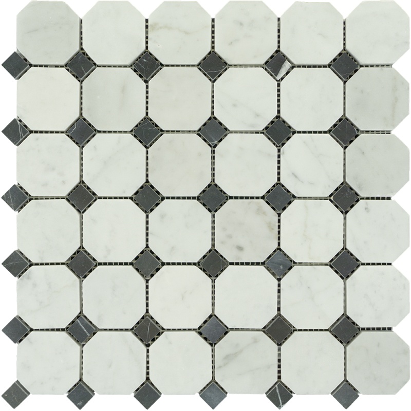 White Carrara Marble Mosaic - Octagon With Black Dots