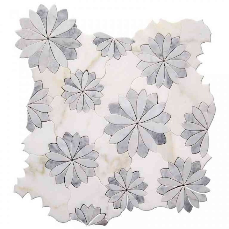 Skalini Line Waterjet White / Gray Marble Mosaic - Fiore 2 - Polished