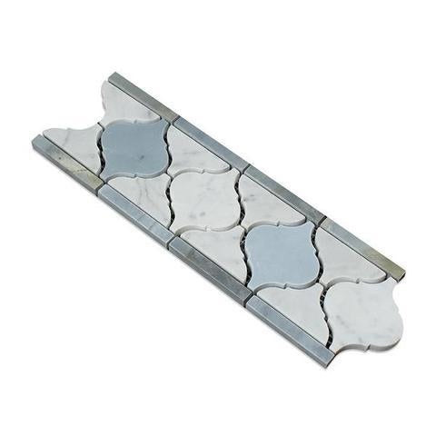 White Carrara Marble Border - 3 7/8" X 11 5/8" Arabesque Border With Blue & Gray Marble