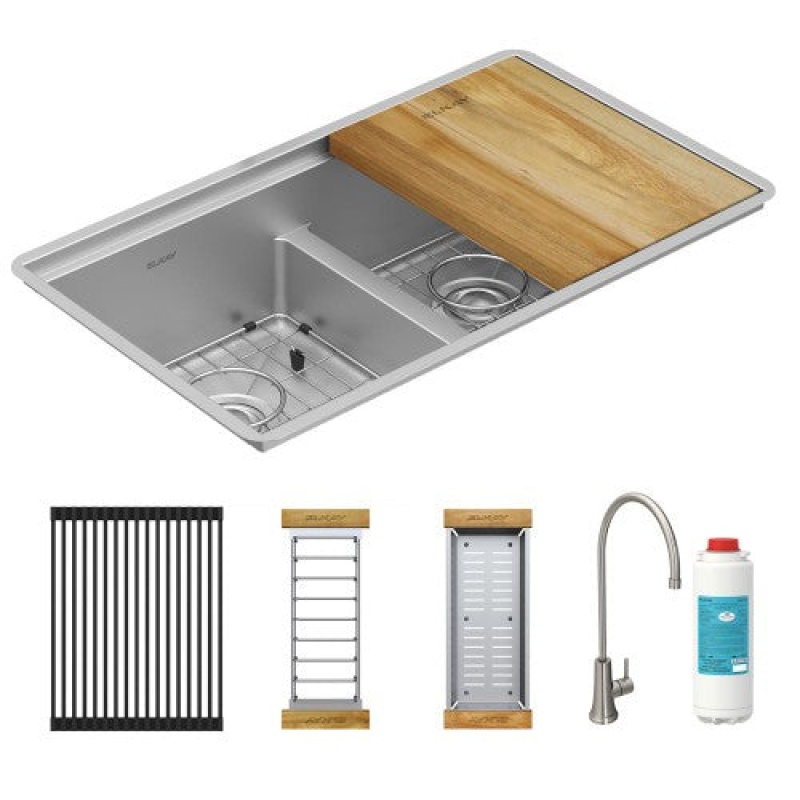 Efruaq31169tfgw Crosstown Stainless Steel Undermount Double Bowl Workstation Kitchen Sink - 31 1/2" X 18 1/2" X 9" - Stainless Steel
