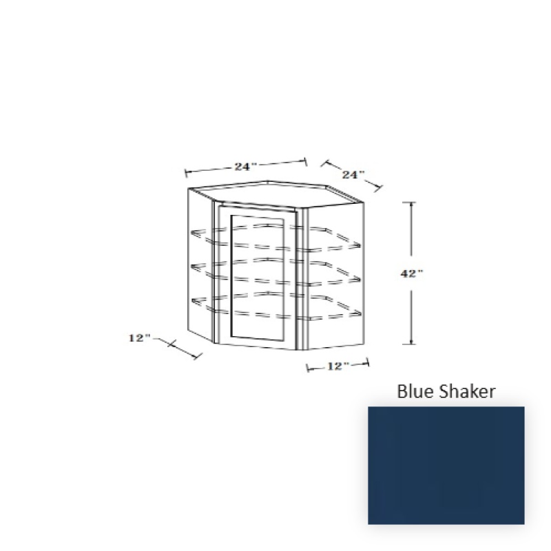 Blue Shaker Wood Kitchen Diagonal Corner Wall Cabinet - 24" X 12" X 42" - Blue Shaker
