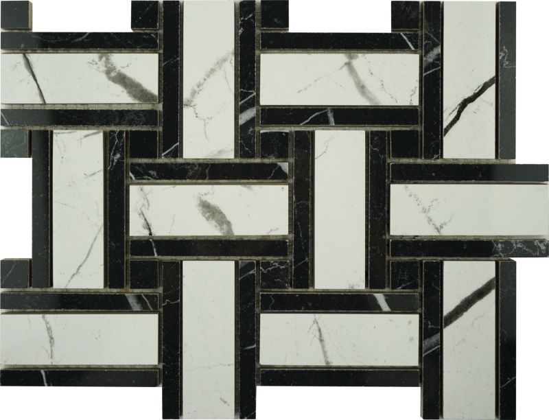 Marquina White-Black Porcelain Mosaic - Basket Weave - Polished