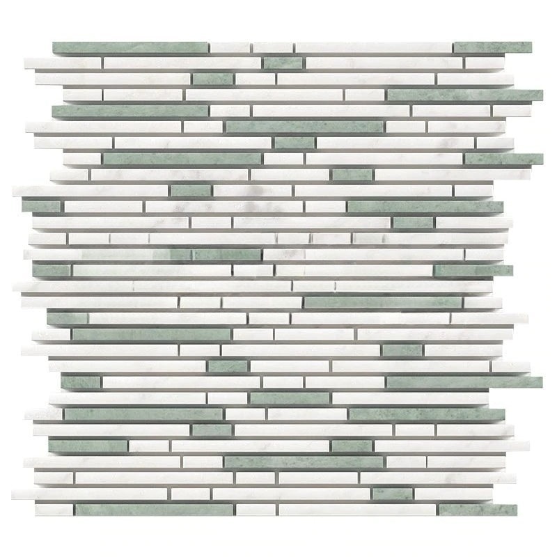 White Carrara Marble Mosaic - Bamboo Sticks With Thassos & Ming Green