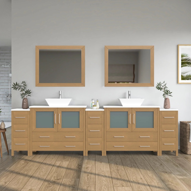 Cvc Natural Oak Solid Wood With White Engineered Marble Top And Mirror Cvc36 Bathroom Cabinet - 108" X 18.5" X 36" - Natural Oak