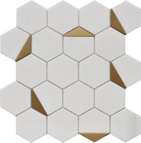 Rock Art Thassos Stone & Glass Mosaic - Hexagon - Polished