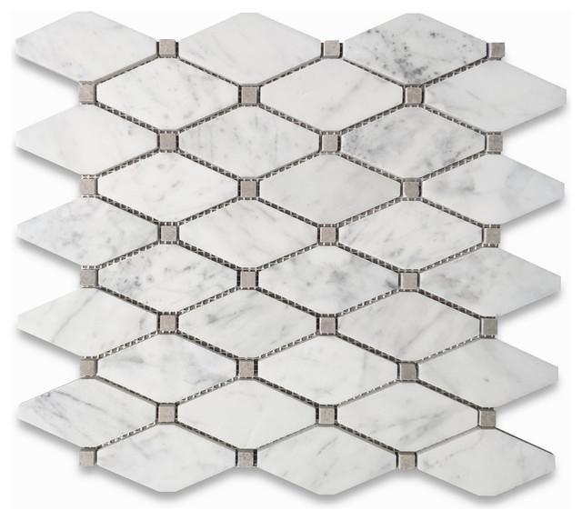 Oriental White Marble Mosaic - Elongated Octagon With Blue/Gray Dots