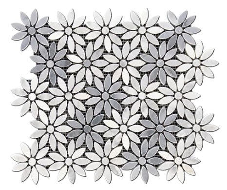 Oriental White Waterjet Marble Mosaic - Daisies - Polished