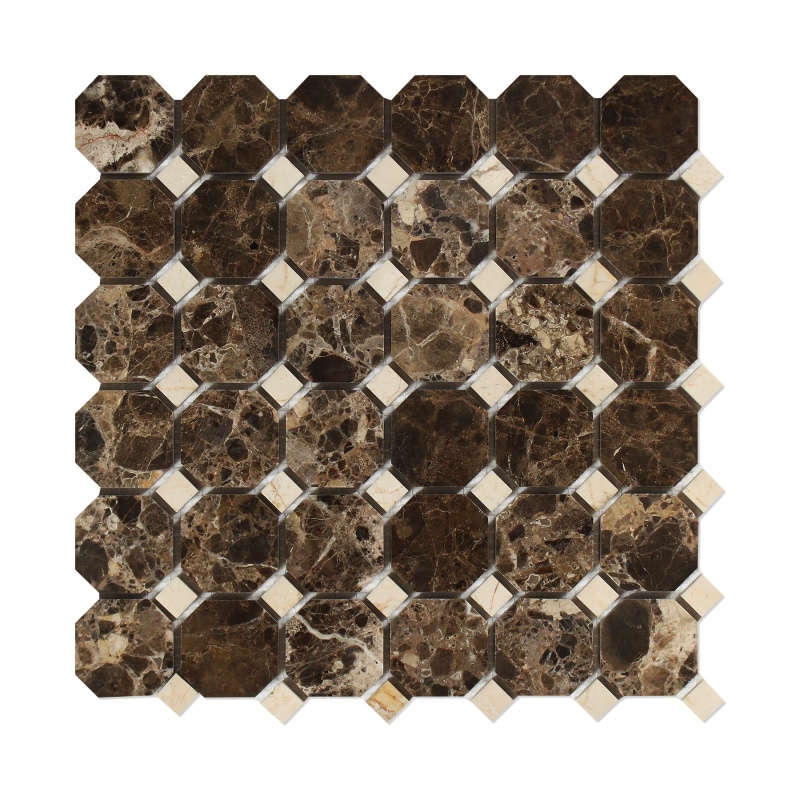 Emperador Dark Marble Mosaic - Octagon With Crema Marfil Dots - Polished