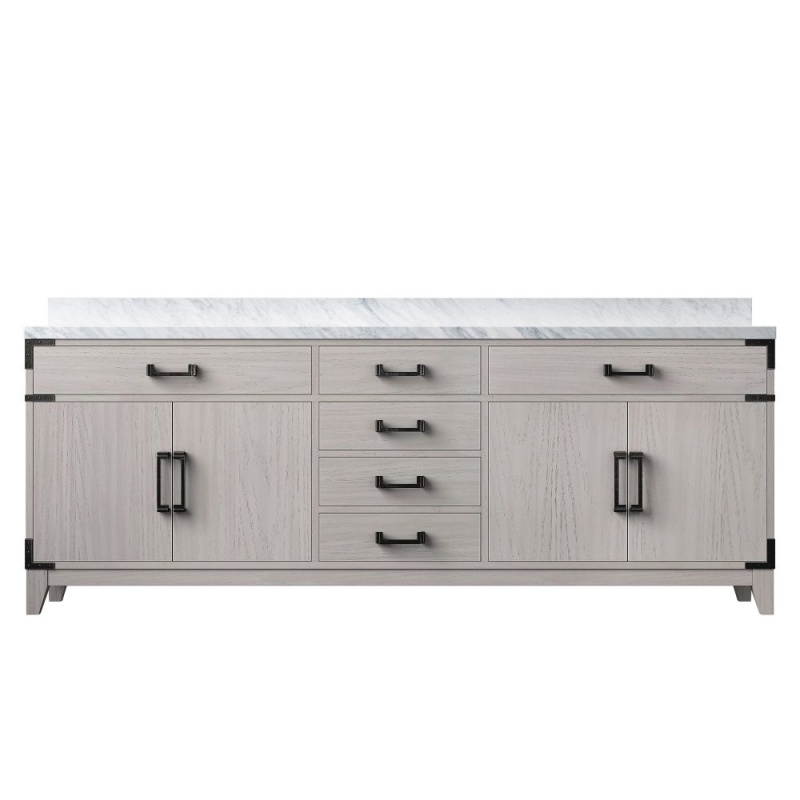 Laurel White Oak Wood Freestanding Double Sink Bathroom Vanity with Carrara Marble Top - 84"